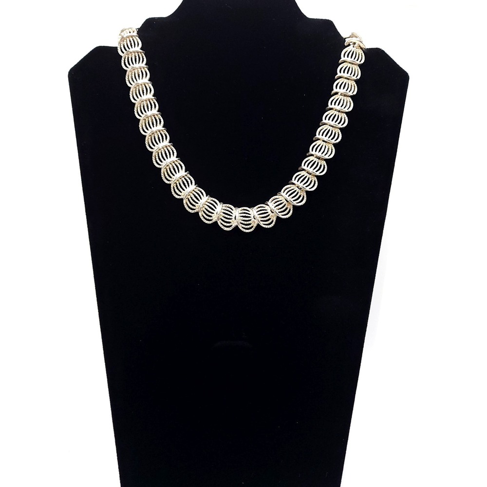Vintage Silver Tone Basket Link Collar Necklace Textured Statement 18in